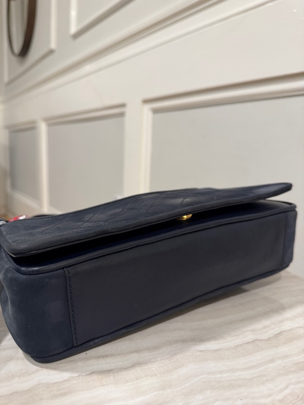 Tory Burch Bag Alexa Convertible Nubuck Suede Dark Navy Chevron Shoulder Bag - Picture 10 of 17